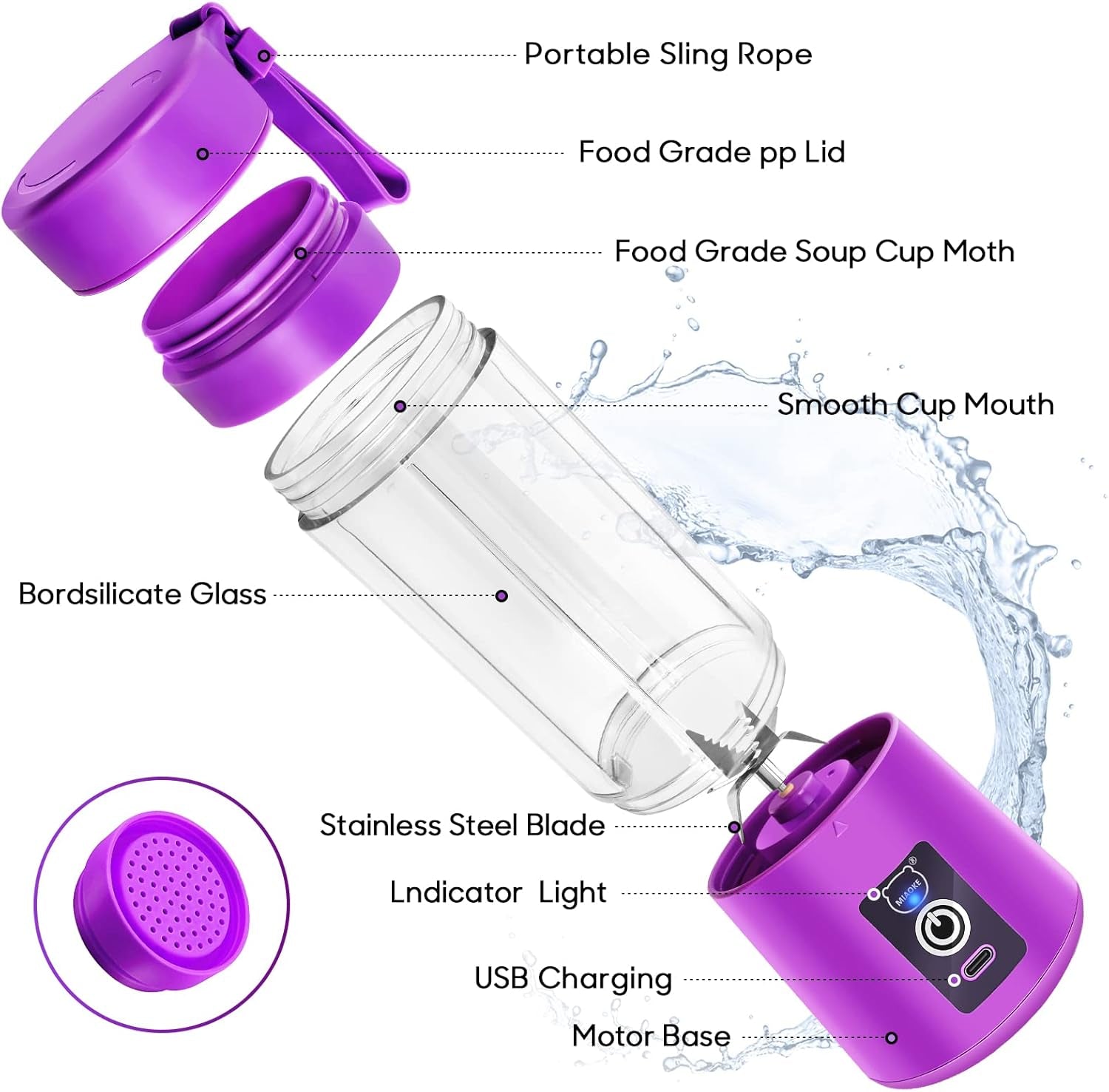 Portable Blender,  Personal Mini Juice Blender, USB Rchargeable Juicer Cup with Six Blades in 3D, Smoothie Blender Home/Office/Outdoors, Dark P