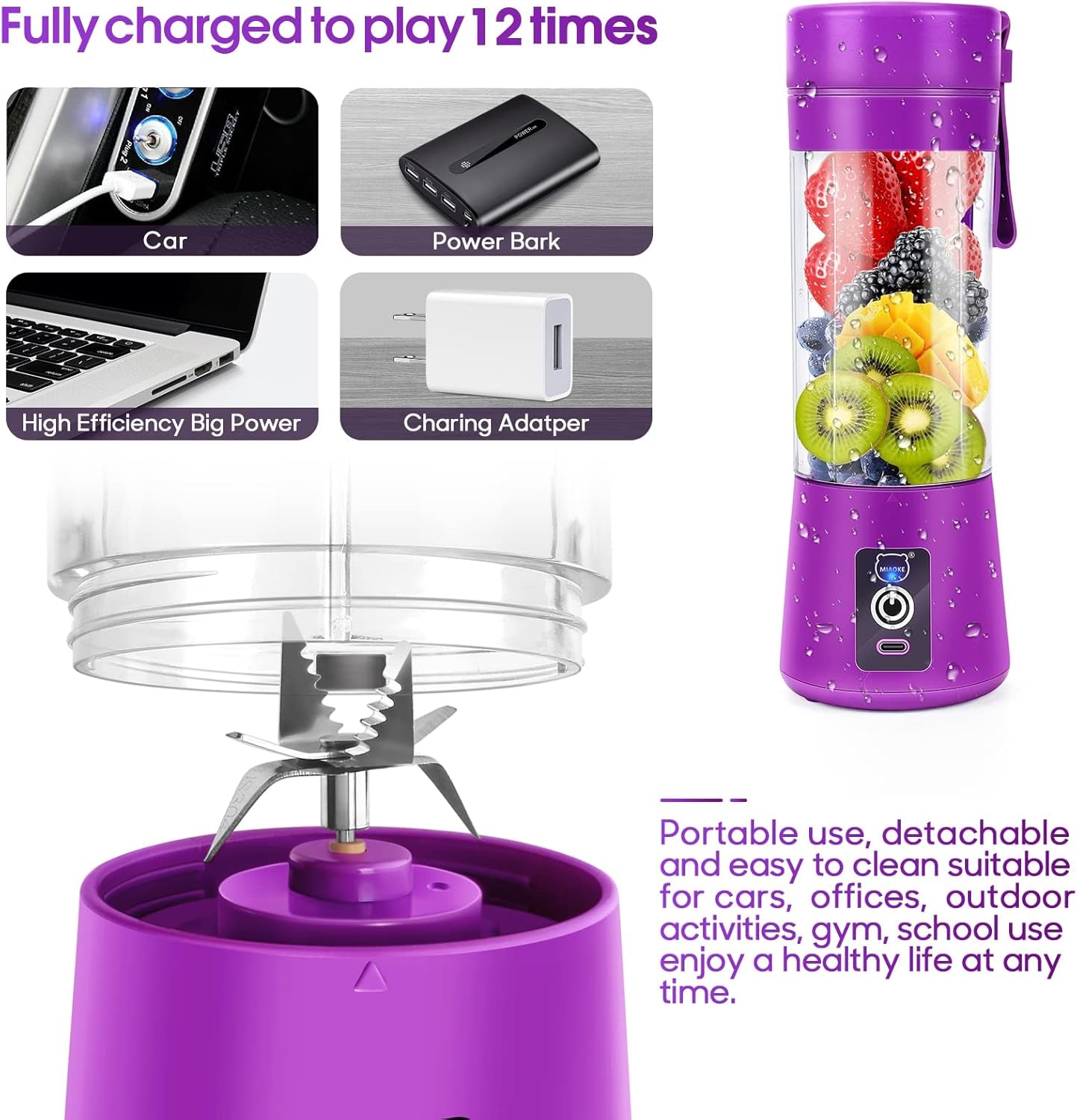Portable Blender,  Personal Mini Juice Blender, USB Rchargeable Juicer Cup with Six Blades in 3D, Smoothie Blender Home/Office/Outdoors, Dark P